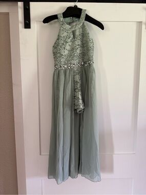 Xtraordinary Sage Lace Halter Dress with Jeweled Waist